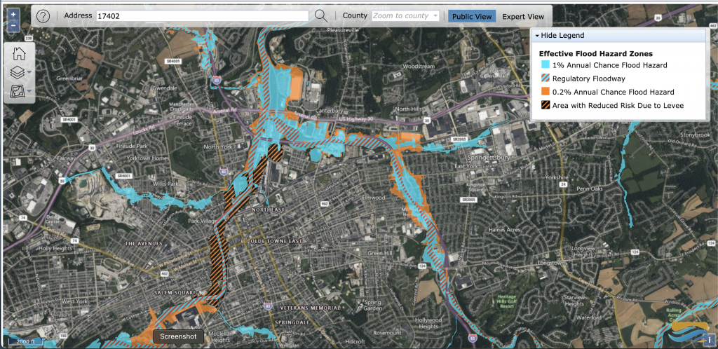 A map showing flood zones in of the towns in Pennsylvania
